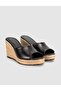 Black Genuine Leather Straw Sole Women's Wedge Heel Slippers - 2