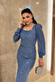 Full Beaded Sleeves Chiffon Dress - Indigo Blue - 3
