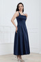 Waist-Cinched Midi Satin Dress - Dark Blue - 6