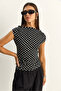 Women's Ecru Black Degaje Collar Polka Dot Lycra Blouse with Side Gathered Detail 6157 60286128 - 6