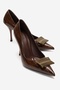 Dexen Brown Print Metal Buckle Women's Thin Heeled Shoes
