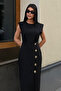 Women's Black Accessory Detailed Slit Midi Event Dress - 5