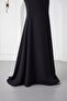 Women's Black Strapless Cape Stone Detailed Long Formal Dress - 4