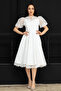 Balloon Sleeve Midi Lace Dress - White