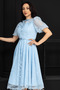 Balloon Sleeve Midi Lace Dress - Baby Blue - 3
