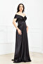 Boat Neck Long Satin Evening Dress - Black - 6