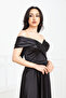 Boat Neck Long Satin Evening Dress - Black - 3