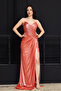 Pleated Strapless Long Evening Dress - Orange