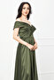 Boat Neck Long Satin Evening Dress - Khaki Green - 3