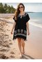 Cotton Black Printed Pareo – Cotton Beach Dress with Loose Fit, Tassel Detail Summer Pareo