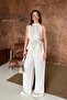Women's Stone Beading Detailed Blouse and Trousers Linen Textured Top and Bottom Set