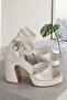 Women's 10 cm Ecru Ankle Pearl Detailed Platform Shoes - 5