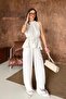 Women's Stone Beading Detailed Blouse and Trousers Linen Textured Top and Bottom Set - 3