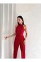 Misscix Ribbed Sleeveless Halter Neck Women's Red Jumpsuit - Evening Dress & Graduation Jumpsuit Dress - 2