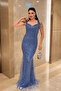 Full Beaded Fabric Shoulder Detail Evening Dress - Indigo Blue - 2