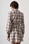 Women's Plaid Patterned Button-Up Mini Shirt Dress with Elastic Waistband Detail Stone - 6
