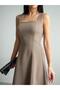 Crep Women's Square Neck Sleeveless Midi Dress – Flared Cut Double Fabric Beige - 3
