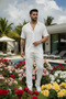 Men's Summer Buttoned Short-Sleeved Shirt and Lace-Up Trousers Set Double Pocket Crinkle Fabric