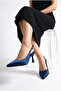 Women's Navy Blue Satin Design Elastic Band Pointed Toe Thin Casual Heeled Shoes with Stylish Accessories - 7