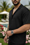 Men's Summer Buttoned Short-Sleeved Shirt and Lace-Up Trousers Set Double Pocket Crinkle Fabric - 6