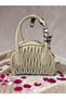 Beige Pleated Folded Leather-Look Mini Shoulder and Hand Bag with Scarf Accessory