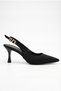 Women's Black Satin Design Elastic Band Pointed Toe Thin Casual Heeled Shoes with Stylish Accessories - 2