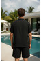 Men's Summer Buttoned Short Sleeve Shirt and Lace-Up Shorts Set Double Pocket Crinkle Fabric - 4