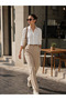 Women's Regular Fit Gold Striped Classic Short Shirt Ecru - 4