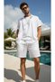 Men's Summer Buttoned Short Sleeve Shirt and Lace-Up Shorts Set Double Pocket Crinkle Fabric - 4