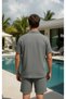Men's Summer Buttoned Short Sleeve Shirt and Lace-Up Shorts Set Double Pocket Crinkle Fabric - 7