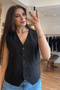 Black Buttoned Linen Vest - 2