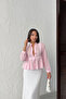 Women's Candy Pink Lace Embroidered Waist Pleated High Collar Shirt - 3