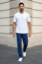 Men's Dark Blue Compact Combed Cotton Fabric Side Piping Pocket Zipper Sweatpants