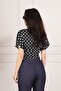 Polka Dot Patterned Draped Short Sleeve Black Blouse - 5