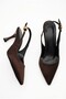 Women's Bitter Brown Satin Design Elastic Band Pointed Toe Thin Casual Heeled Shoes with Stylish Accessories - 4