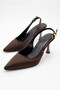 Women's Bitter Brown Satin Design Elastic Band Pointed Toe Thin Casual Heeled Shoes with Stylish Accessories - 2