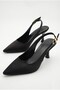 Women's Black Satin Design Elastic Band Pointed Toe Thin Casual Heeled Shoes with Stylish Accessories - 4