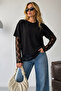 Lace Detail Black Modal Fabric Women's T-Shirt