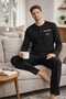Men's Black Pajama Set 100% Cotton Long Sleeve Straight Leg Regular Fit Comfortable Fit - 5