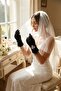 Elarisse Jewel Black Satin Gloves – Short Luxury Bridal and Event Accessory with Stones and Feathers - 4