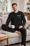 Men's Black Pajama Set 100% Cotton Long Sleeve Straight Leg Regular Fit Comfortable Fit - 3