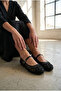 Women's Black Pearl Embroidered Mesh Mary Jane Ballerinas - Floral Patterned Beaded Transparent Tulle Ballerinas - 4