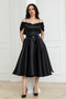 Off-Shoulder Organza Midi Dress - Black