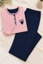 Wide Cut Women's Pajama Set %100 Cotton Light Pink Top Navy Blue Polka Dot Bottom Long Sleeve - 5