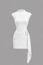 Women's Stand Collar Buckle Detailed Belted Gathering Molded Ecru Dress