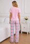 Heart Printed Women's Long Pajama Set – Pink T-Shirt & Plaid Patterned Comfortable Bottoms - 2