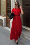 Red Half Sleeve Polo Collar Buttoned Belted Women's Dress