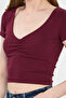 Women's ruched front v-neck bodysuit - burgundy - 3