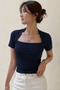 Women's Navy Blue Swan Collar Slim Short Sleeve Fit Crop Blouse - 2