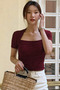 Women's Burgundy Swan Collar Modern Basic Crop T-Shirt – Comfortable Fit Stylish Casual Blouse - 3